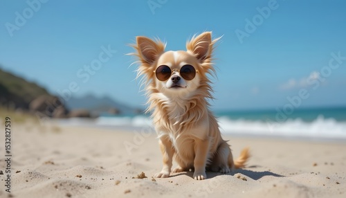 Cool Chihuahua Enjoying a Sunny Beach Vacation with Sunglasses