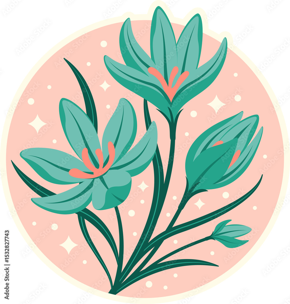 Naklejka premium Stylized bouquet featuring teal flowers, buds and coral stamens, floating on transparent background