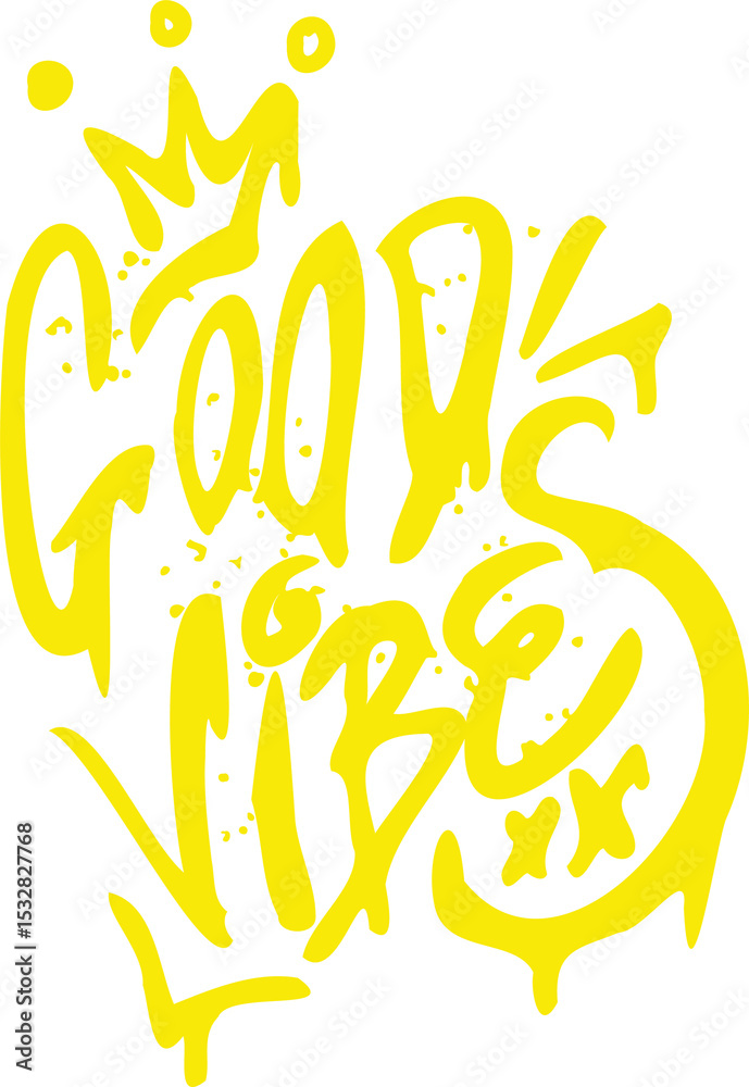 Fototapeta premium Design is featuring yellow graffiti-style Good Vibes text dripping paint on transparent background