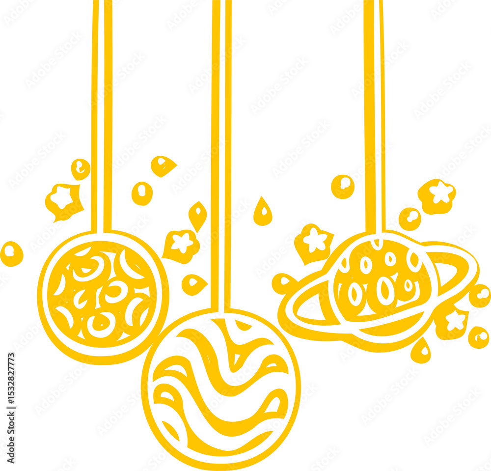Fototapeta premium Stylized hanging orbs are floating on transparent backdrop with swirls waves rings stars drops