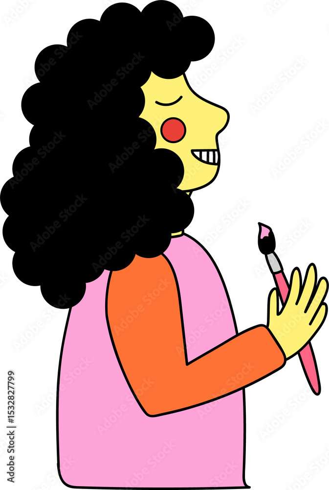 Naklejka premium Cartoon artist is painting with pink paintbrush tip in flat cartoon style, transparent background