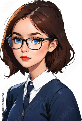 The Intellectual's Gaze: A captivating portrait of a young, intellectual woman wearing glasses and a sharp, businesslike attire, capturing a glimpse of intellect and poise. 