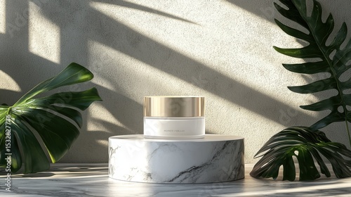 Elegant Cosmetic Jar with Golden Lid Surrounded by Green Leaves