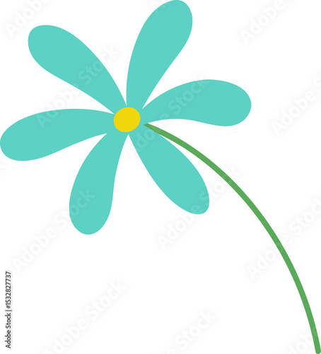 Fototapeta Naklejka Na Ścianę i Meble -  Daisy-like flower is blooming in flat-design with teal petals, yellow core on clear bg, copy space