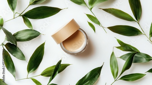 Natural Skincare Cream with Green Leaves on White Background