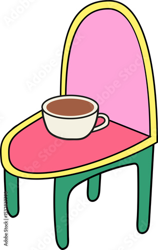 Whimsical colorful chair is holding coffee cup on transparent background, flat design illustration