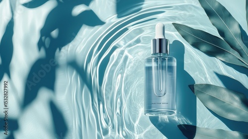 Serene Water Reflection With Serum Bottle Surrounded by Leaves