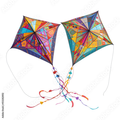 Pair of colorful patterned kites with tails flying festive design isolated on transparent background
