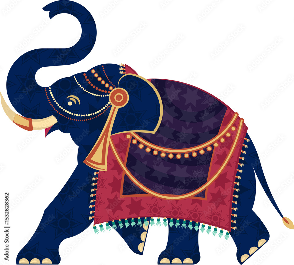 Obraz premium Flat design elephant is facing left on transparent backdrop with tusks tipped gold, beaded tassels