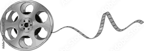 Flat design showing silver film reel unspooling perforated strip on transparent background