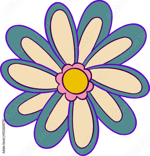 Flat vector daisy is showing cream teal petals around pink-yellow center on transparent background