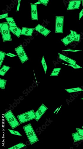 Falling Green Dollar Bills on Black Background, Vertical View