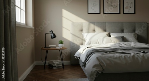 Sunlit bedroom with a bed, side table, lamp, and framed art