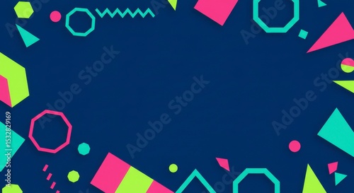 Abstract geometric shapes in neon pink, green, and teal on a deep blue background. The designs are vibrant and modern