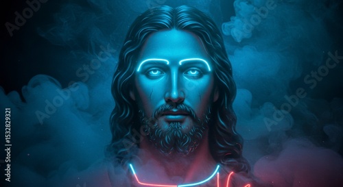 Religious figure illuminated by neon light.  Mystical, dramatic lighting