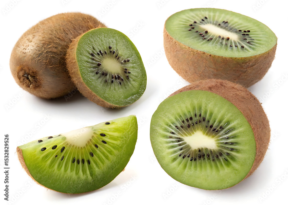 Fototapeta premium A versatile set of kiwi photos in various forms: whole fruit, sliced, cross-section with seed detail