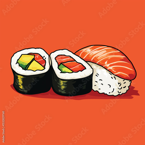 Artistic Illustration of Sushi Rolls and Nigiri with Fresh Salmon and Avocado