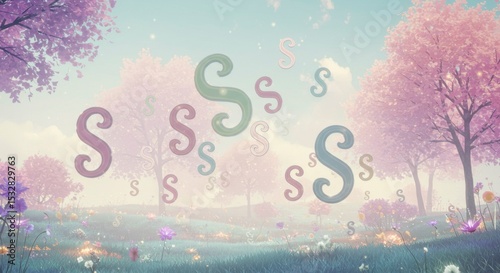 Enchanting pastel landscape with numerous stylized 'S' letters floating amidst blossoming trees and wildflowers