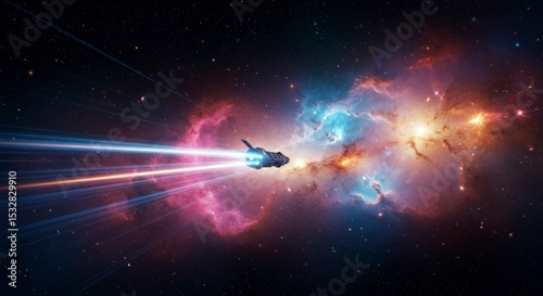 Futuristic spacecraft traversing vibrant nebula