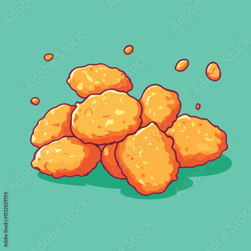 Cartoon Chicken Nuggets Pile with Crispy Texture and Floating Crumbs