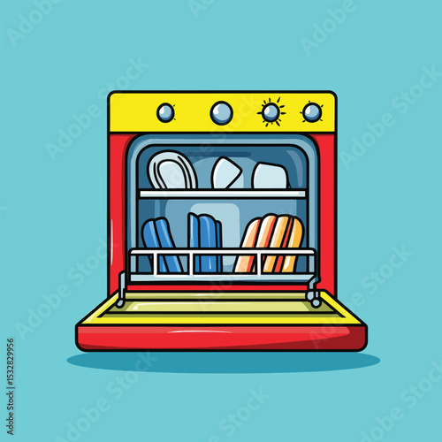 Cartoon Dishwasher with Open Door Showing Clean Dishes and Utensils
