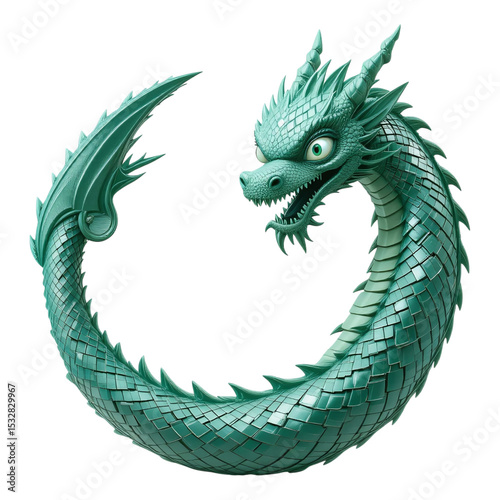 Stylized green dragon circle symbol with detailed scales and claws isolated on transparent background