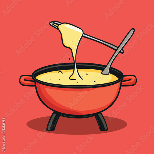 Cartoon fondue pot with cheese dripping from a fork ready to enjoy