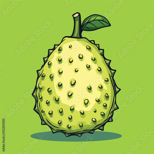 Cartoon Illustration of a Spiky Green Soursop Fruit with Leaf and Stem