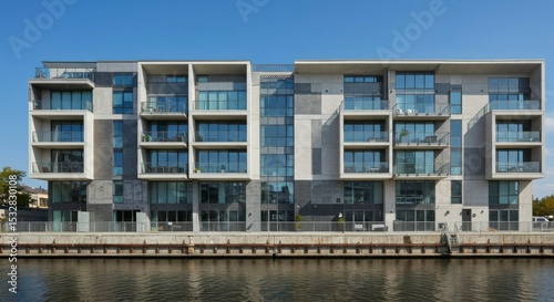 Modern apartment building complex by a river