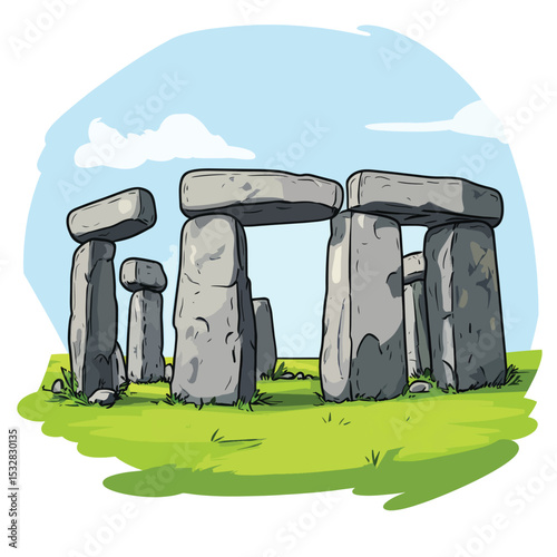 Cartoon Illustration of Ancient Stone Structures in a Field