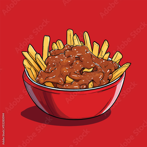 Cartoon illustration of golden french fries smothered in chili in a red bowl