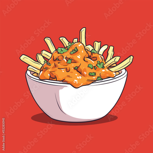 Cartoon Illustration of French Fries Topped with Orange Sauce and Parsley in a Bowl