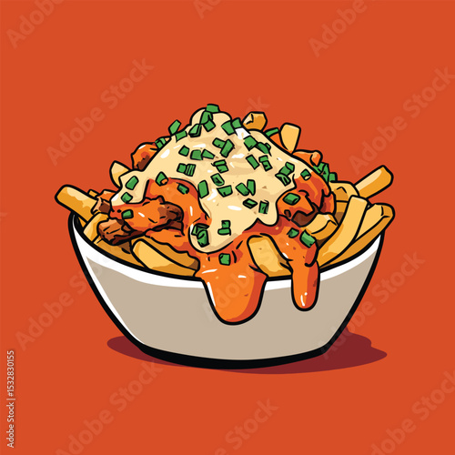 Cartoon illustration of loaded fries in a bowl with dripping sauce and chives