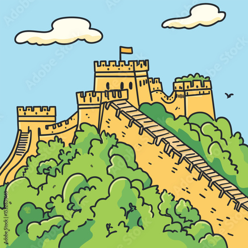 Cartoon Illustration of the Great Wall of China Lush Greenery and Blue Sky