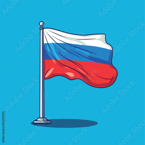 Cartoon Illustration of the Russian Flag Waving on a Pole