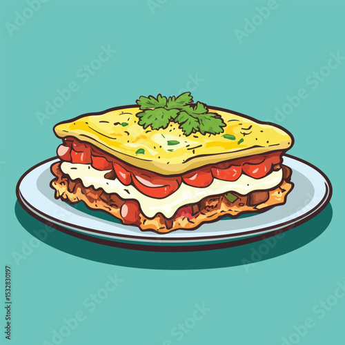 Cartoon Lasagna Stacked on Plate with Parsley Garnish Delicious Italian Cuisine