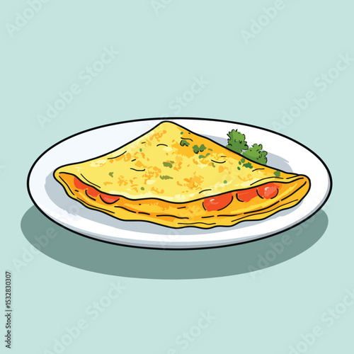 Cartoon Omelet with Tomatoes and Parsley on a White Plate