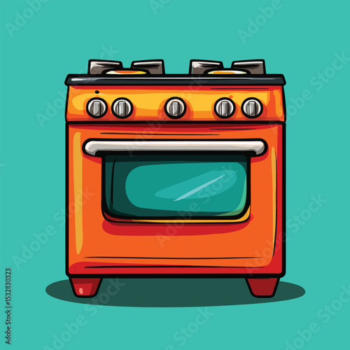 Cartoon Orange Stove with Teal Oven Door and Four Burners