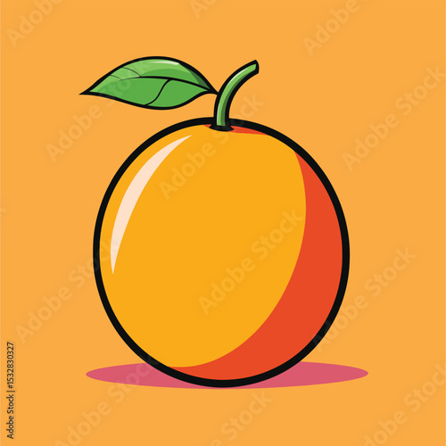 Cartoon Orange with a Single Leaf and a Bold Black Outline