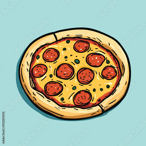 Cartoon Pepperoni Pizza with Green Olives and Stylized Crust Detail