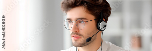 Young man with headset and glasses working in customer support in bright office environment