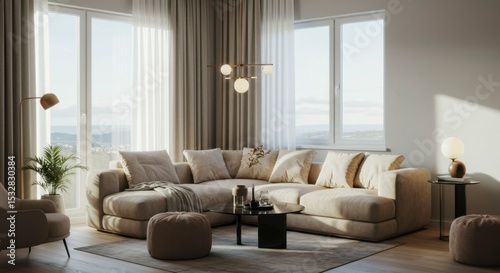 Modern beige living room with large windows