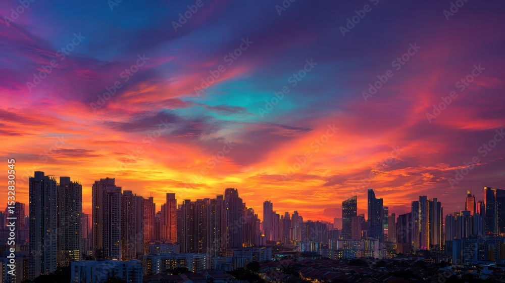 Obraz premium Vibrant Cityscape Sunset: A Breathtaking Panorama of Urban Skyline at Dusk
