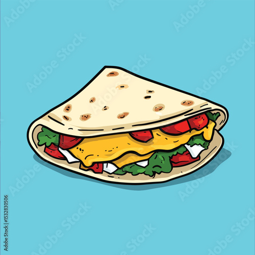 Cartoon Quesadilla with Melted Cheese Tomatoes Lettuce and a Folded Tortilla