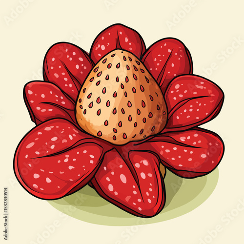 Cartoon Rafflesia Flower with Red Petals and Spotted Center Bold Black Outlines
