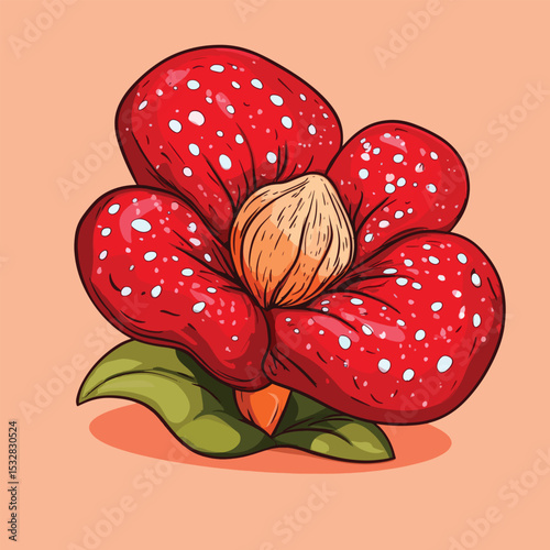 Cartoon Rafflesia Flower with White Spots and Green Leaves Illustration
