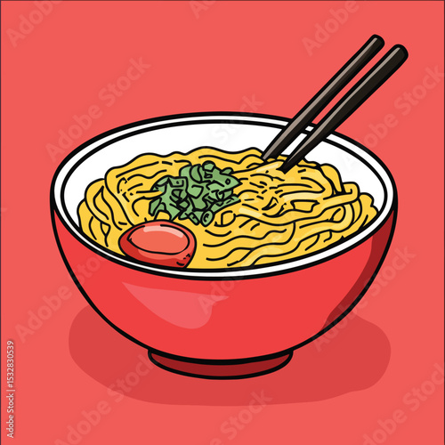 Cartoon ramen bowl with chopsticks egg yolk and green garnish