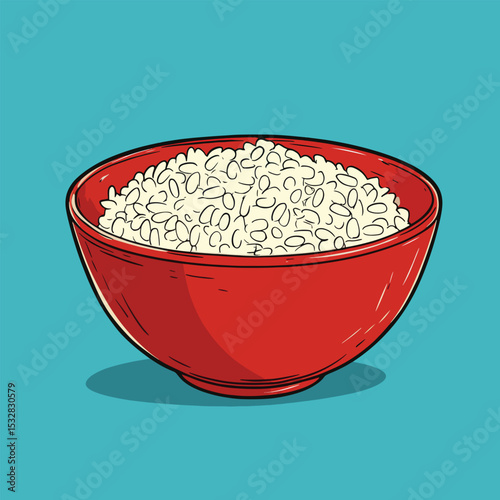Cartoon Red Bowl Overflowing with White Grains Outlined in Black