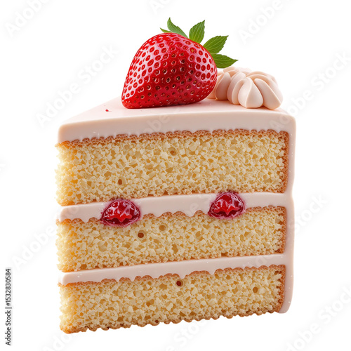 Delicious layered strawberry cake slice with creamy frosting and fresh berry isolated on transparent background