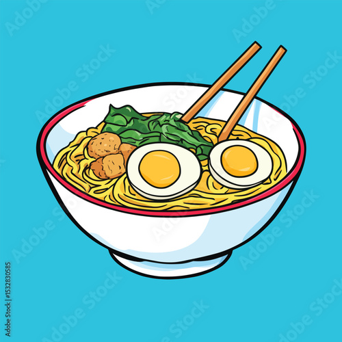 Cartoon Ramen Bowl with Eggs Greens and Chopsticks a Culinary Illustration